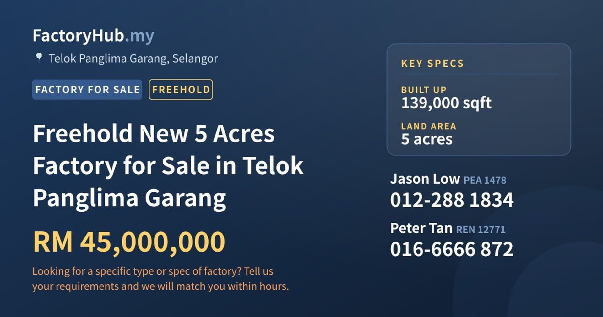 Freehold New 5 Acres Factory for Sale in Telok Panglima Garang - Property image 1 of 2