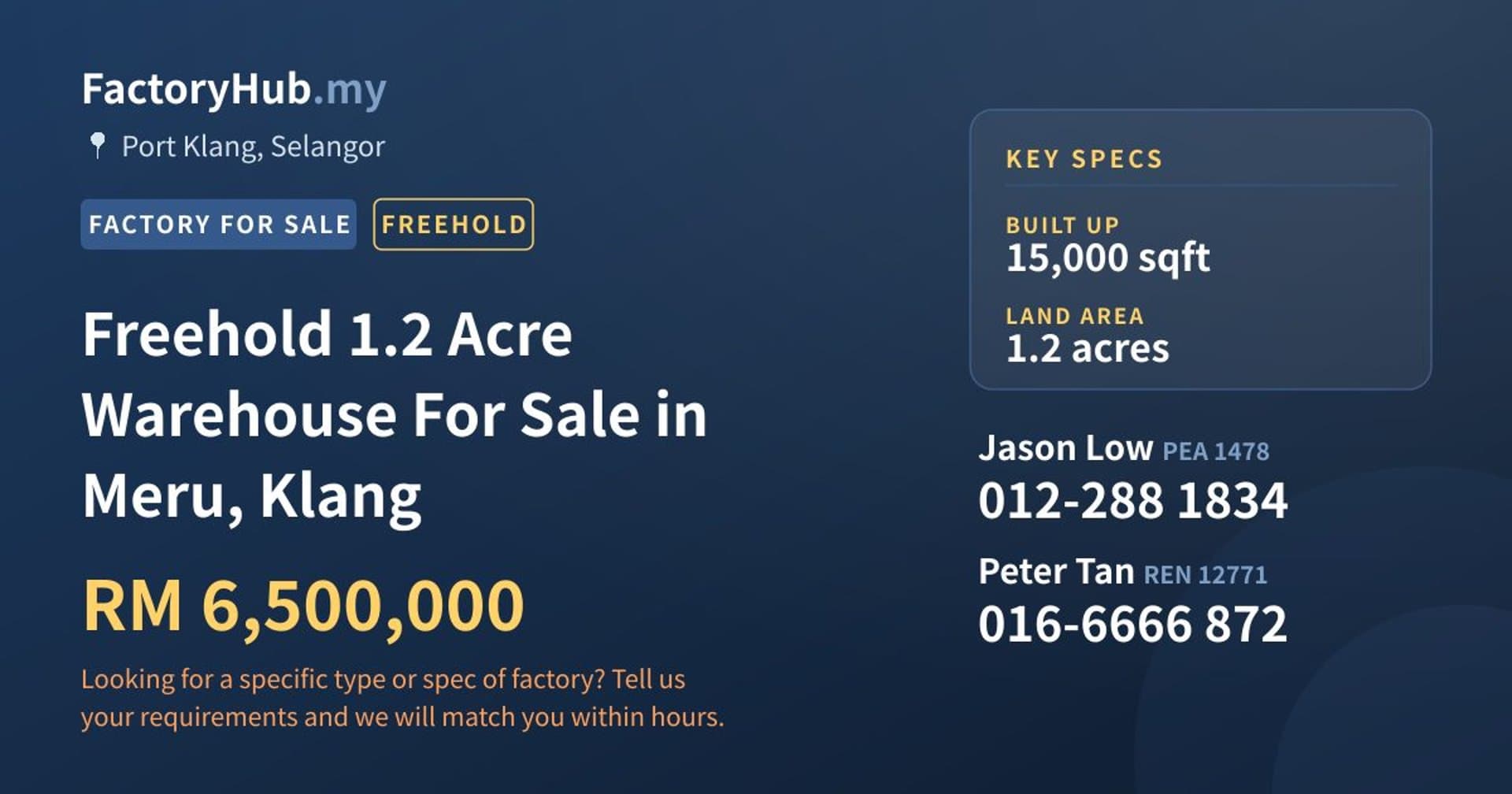 Freehold 1.2 Acre Warehouse For Sale in Meru, Klang - Property image 1 of 2