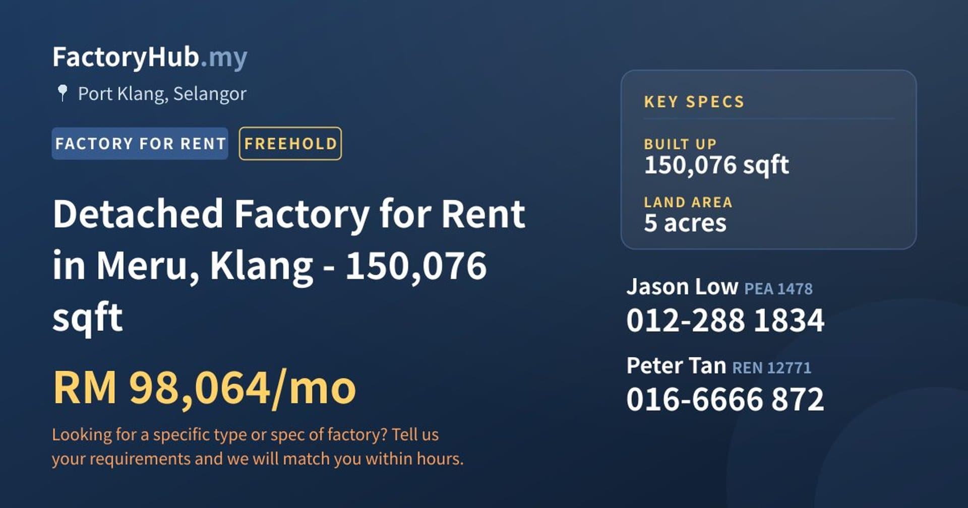 Detached Factory for Rent in Meru, Klang - 150,076 sqft - Property image 1 of 2