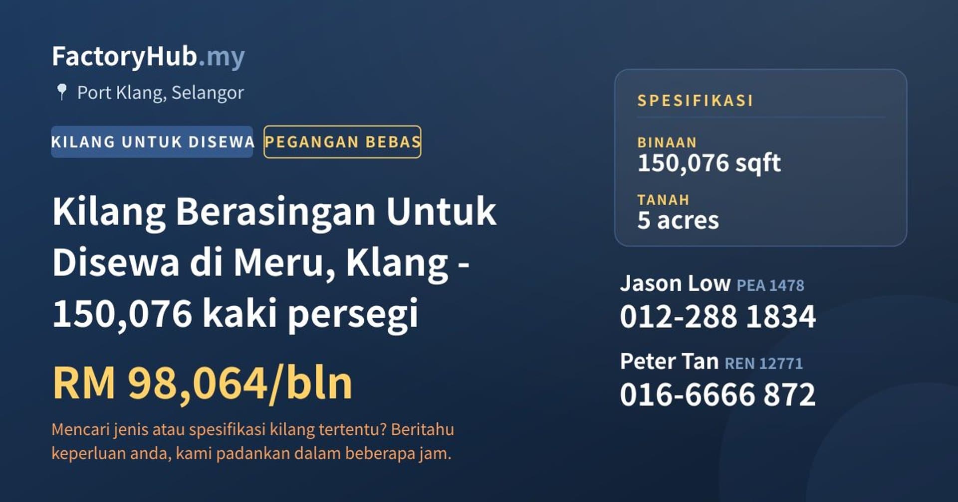 Kilang Berasingan Untuk Disewa di Meru, Klang - 150,076 kaki persegi · Imej hartanah 1/2