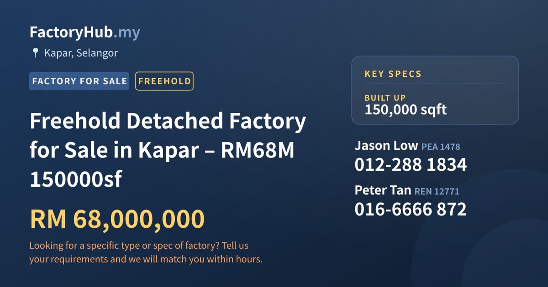 Freehold Detached Factory for Sale in Kapar – RM68M 150000sf - Property image 1 of 5