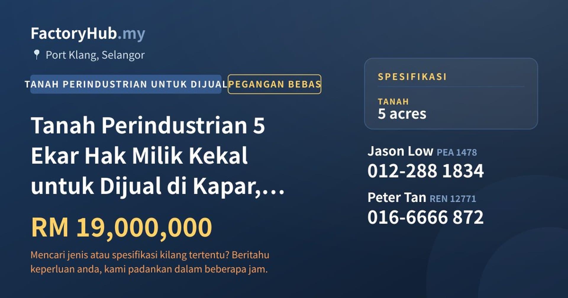 Tanah Perindustrian 5 Ekar Hak Milik Kekal untuk Dijual di Kapar, Klang · Imej hartanah 1/2