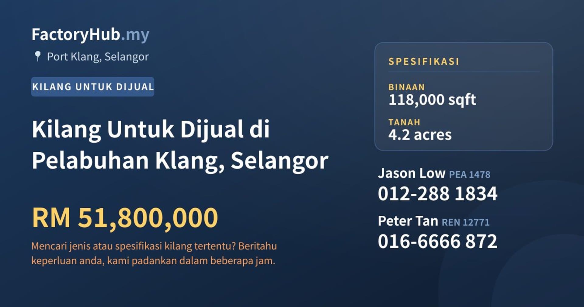 Kilang Untuk Dijual di Pelabuhan Klang, Selangor · Imej hartanah 1/2
