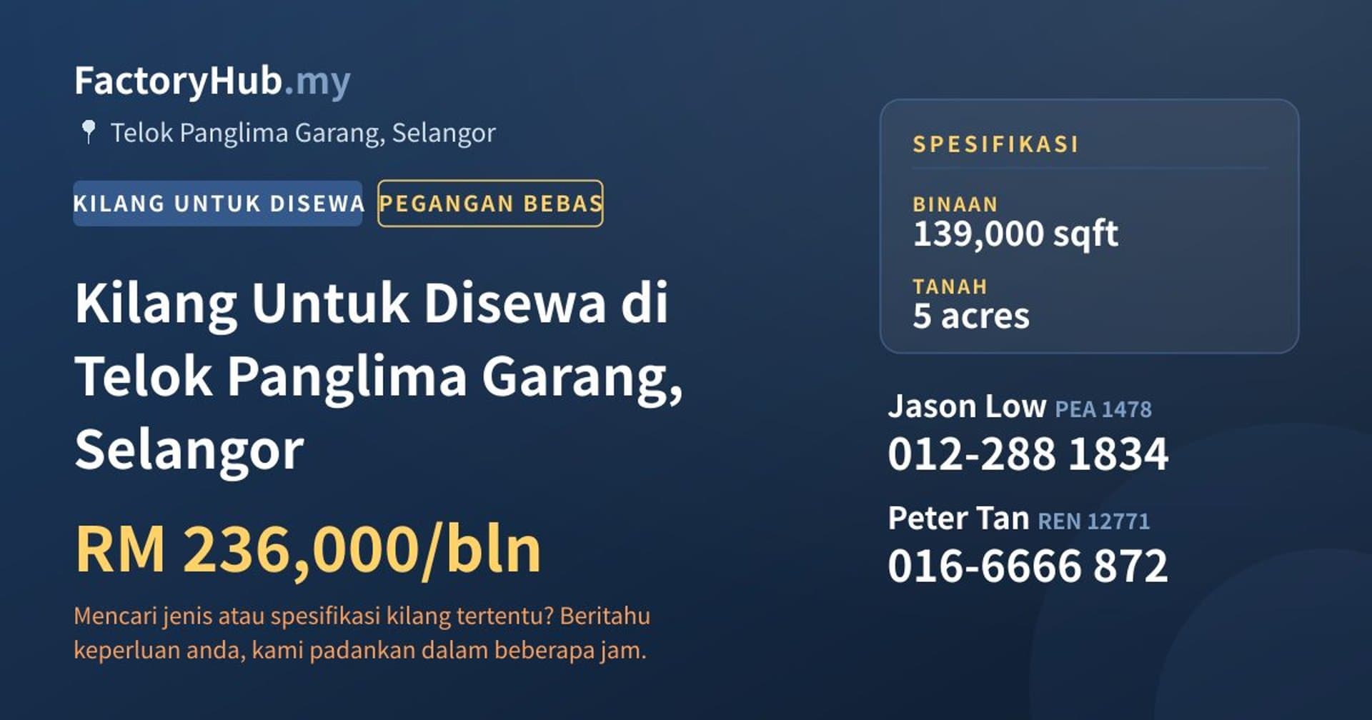Kilang Untuk Disewa di Telok Panglima Garang, Selangor · Imej hartanah 1/2