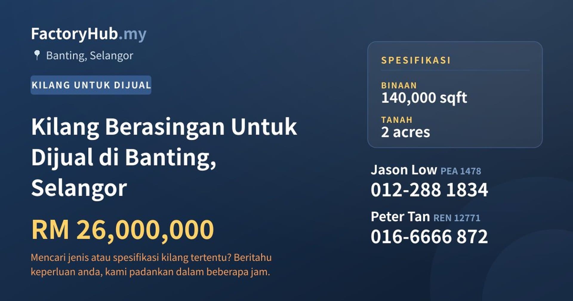 Kilang Berasingan Untuk Dijual di Banting, Selangor · Imej hartanah 1/2