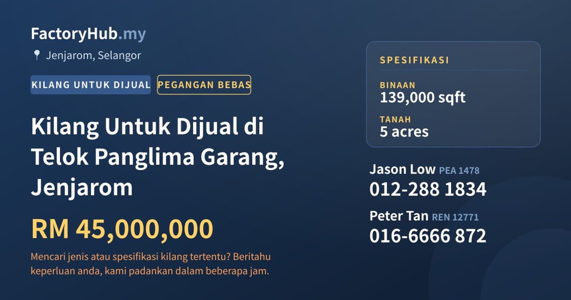 Kilang Untuk Dijual di Telok Panglima Garang, Jenjarom · Imej hartanah 1/2