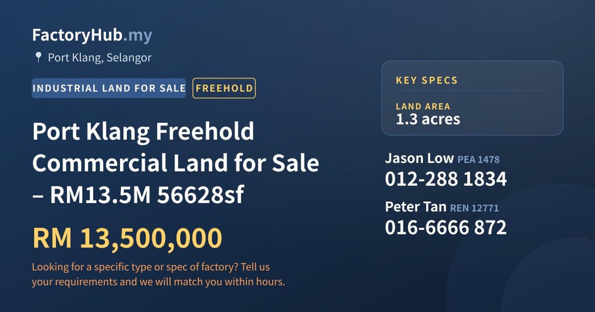 Port Klang Freehold Commercial Land for Sale – RM13.5M 56628sf - Property image 1 of 5