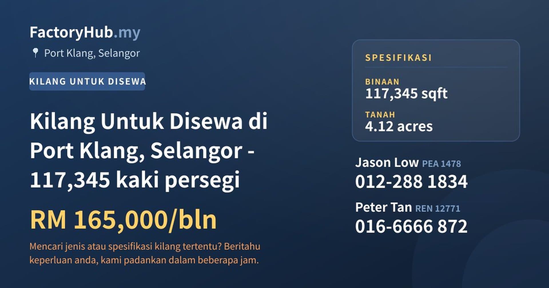Kilang Untuk Disewa di Port Klang, Selangor - 117,345 kaki persegi · Imej hartanah 1/2