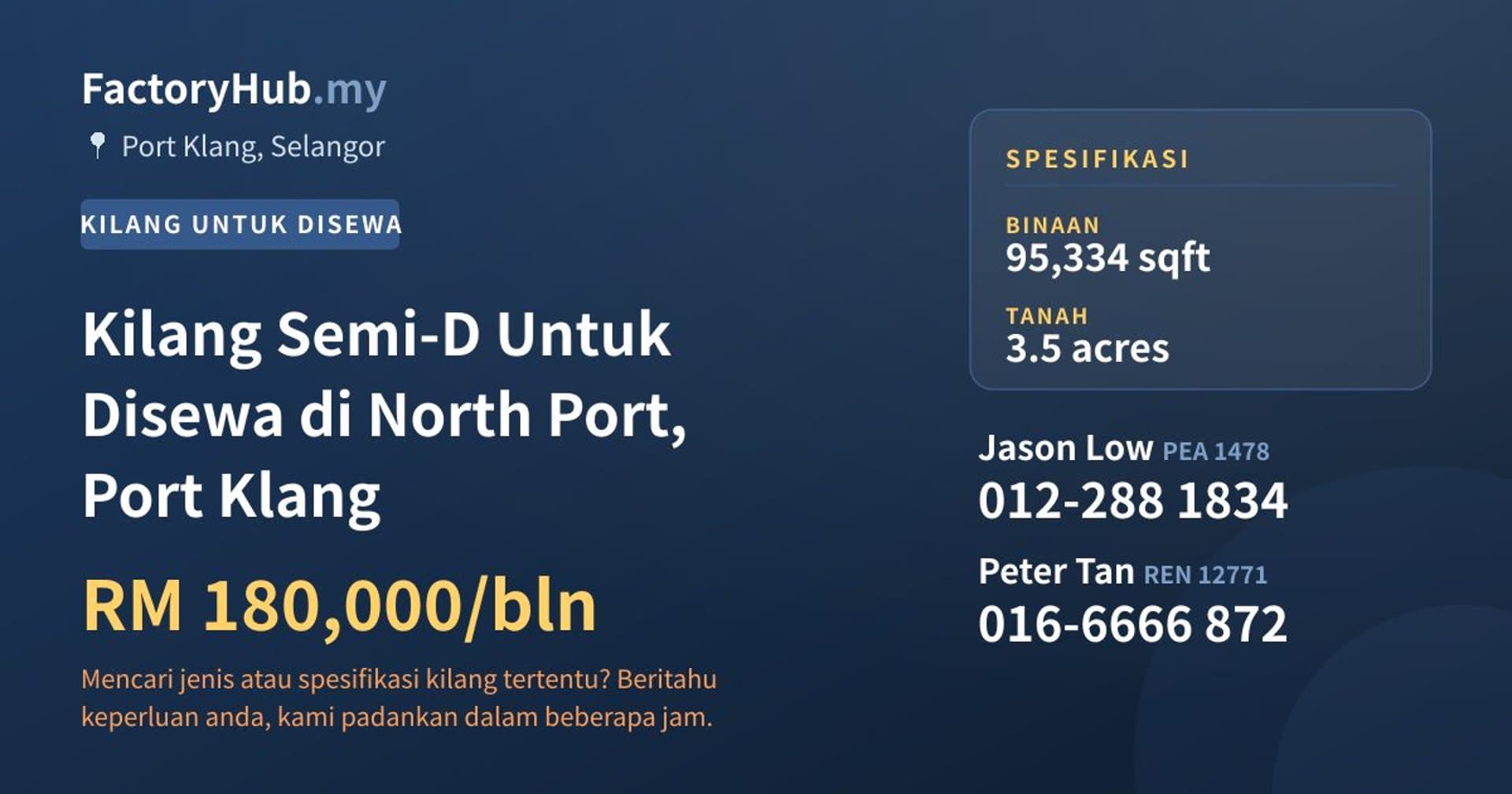 Kilang Semi-D Untuk Disewa di North Port, Port Klang · Imej hartanah 1/2