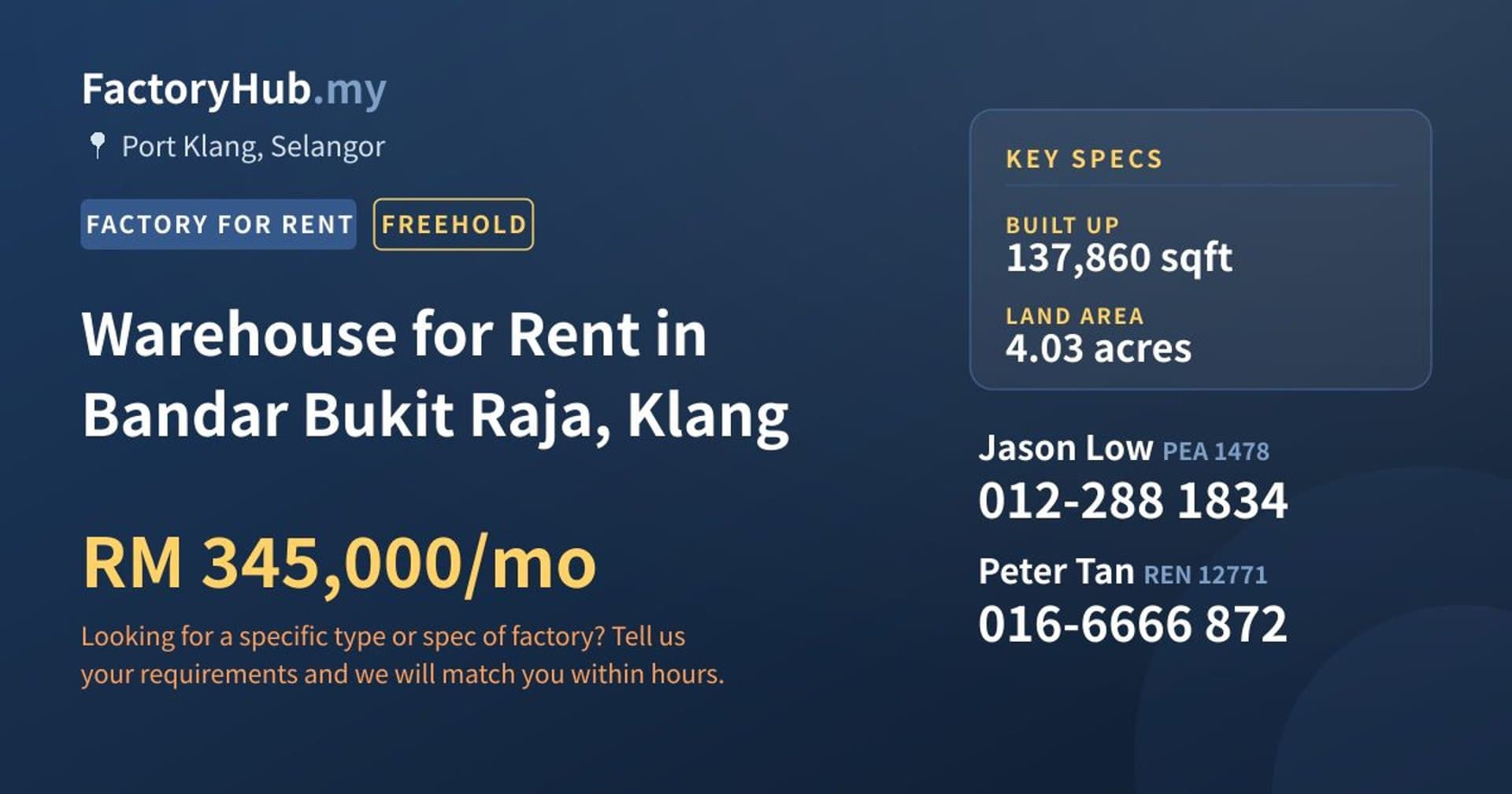 Warehouse for Rent in Bandar Bukit Raja, Klang - Property image 1 of 2