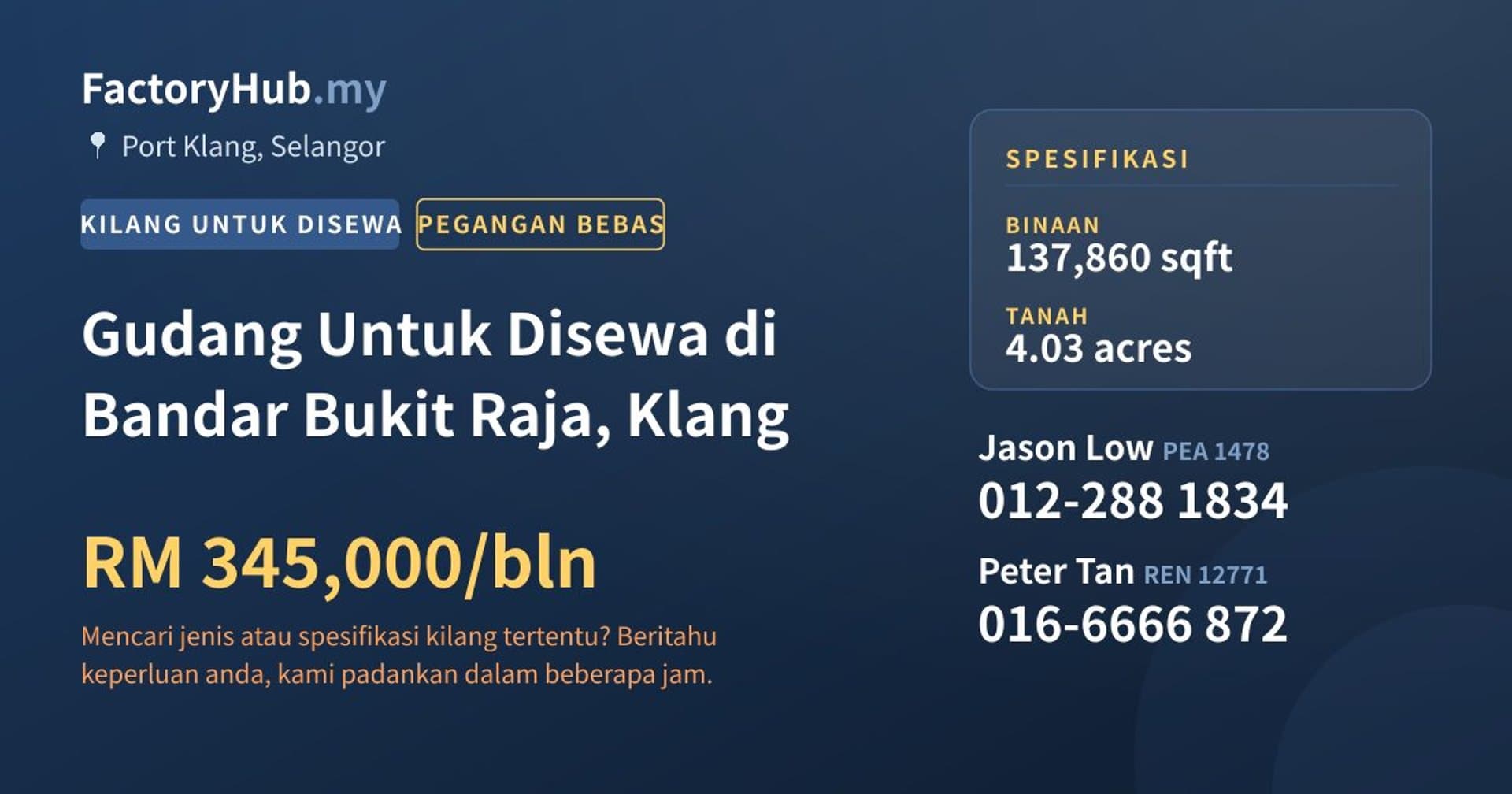 Gudang Untuk Disewa di Bandar Bukit Raja, Klang · Imej hartanah 1/2