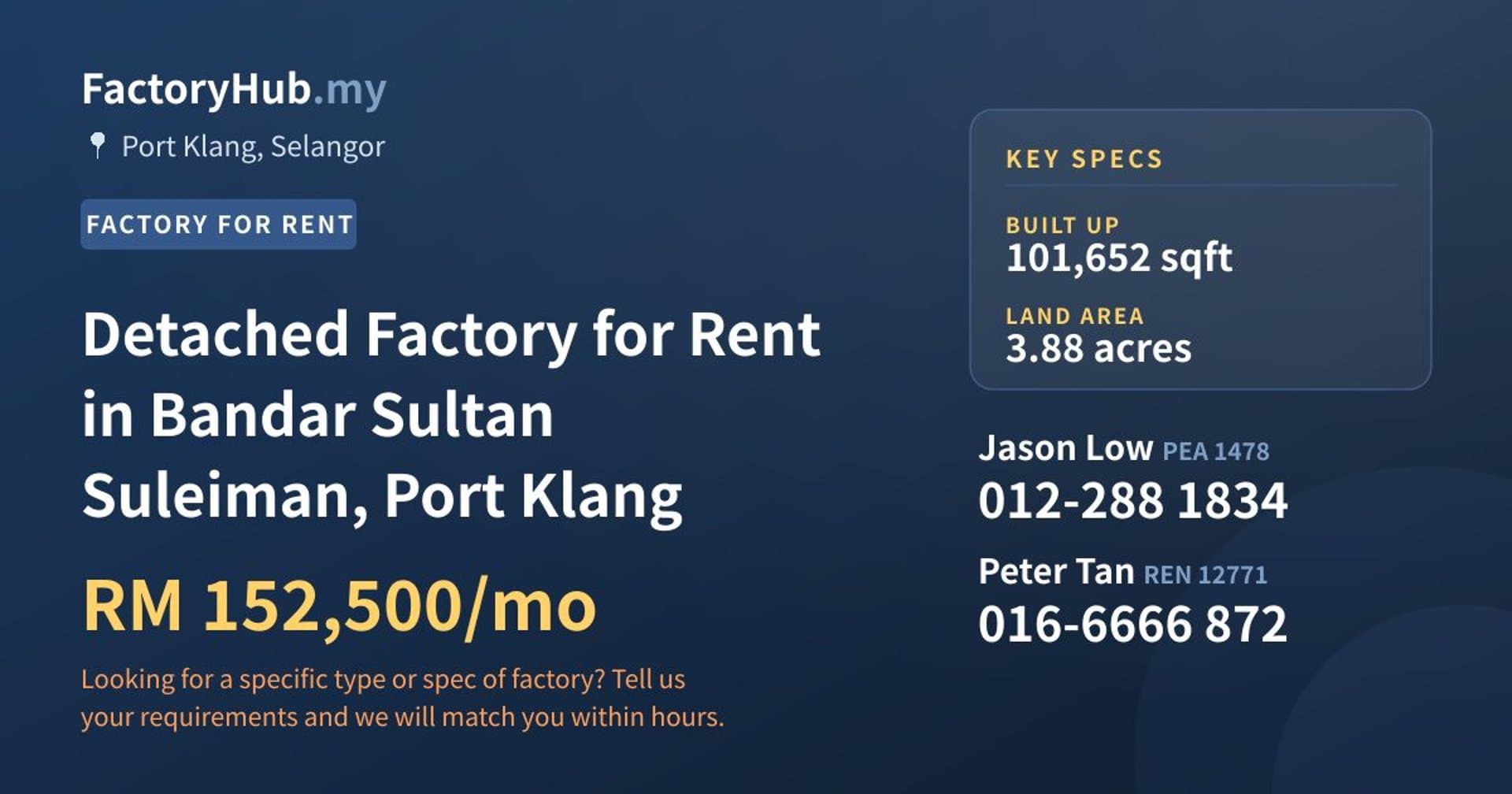 Detached Factory for Rent in Bandar Sultan Suleiman, Port Klang - Property image 1 of 2