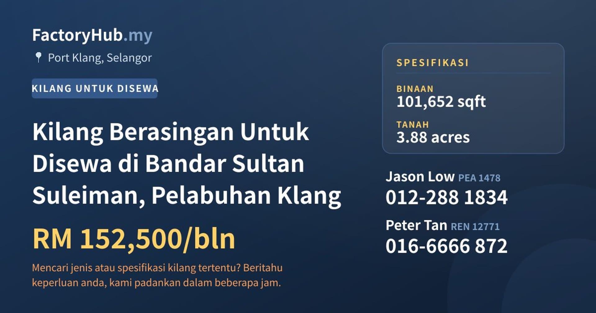 Kilang Berasingan Untuk Disewa di Bandar Sultan Suleiman, Pelabuhan Klang · Imej hartanah 1/2