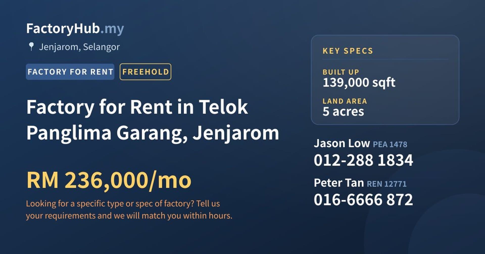 Factory for Rent in Telok Panglima Garang, Jenjarom - Property image 1 of 2