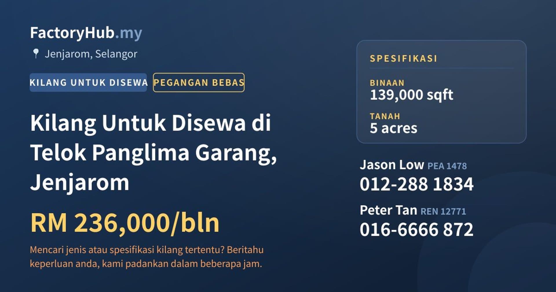 Kilang Untuk Disewa di Telok Panglima Garang, Jenjarom · Imej hartanah 1/2