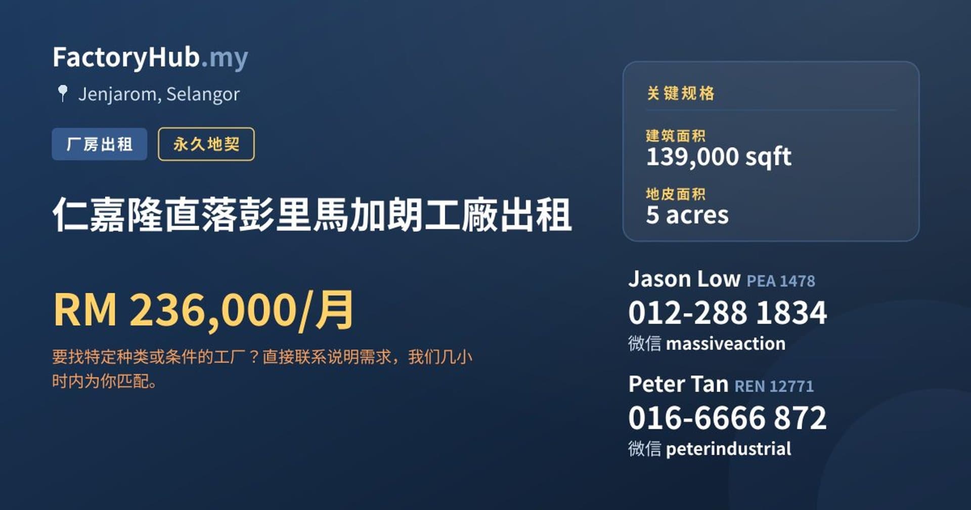 仁嘉隆直落彭里馬加朗工廠出租 · 房源图片 1/2