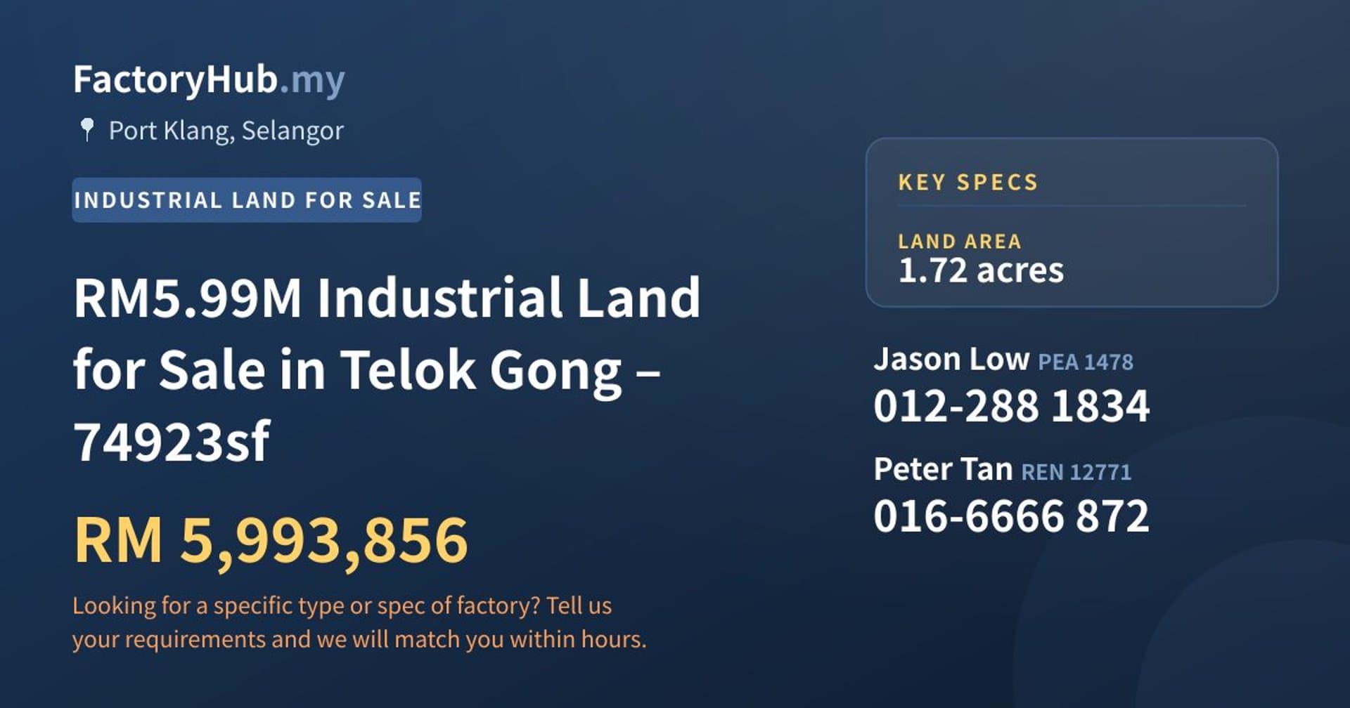 RM5.99M Industrial Land for Sale in Telok Gong – 74923sf - Property image 1 of 3