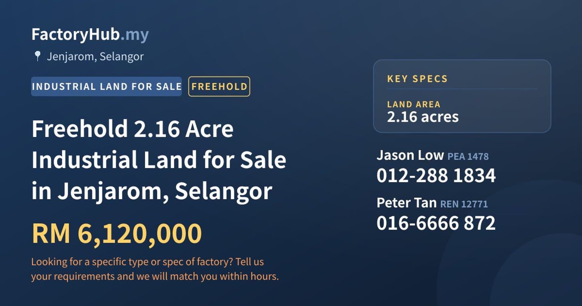 Freehold 2.16 Acre Industrial Land for Sale in Jenjarom, Selangor - Property image 1 of 2