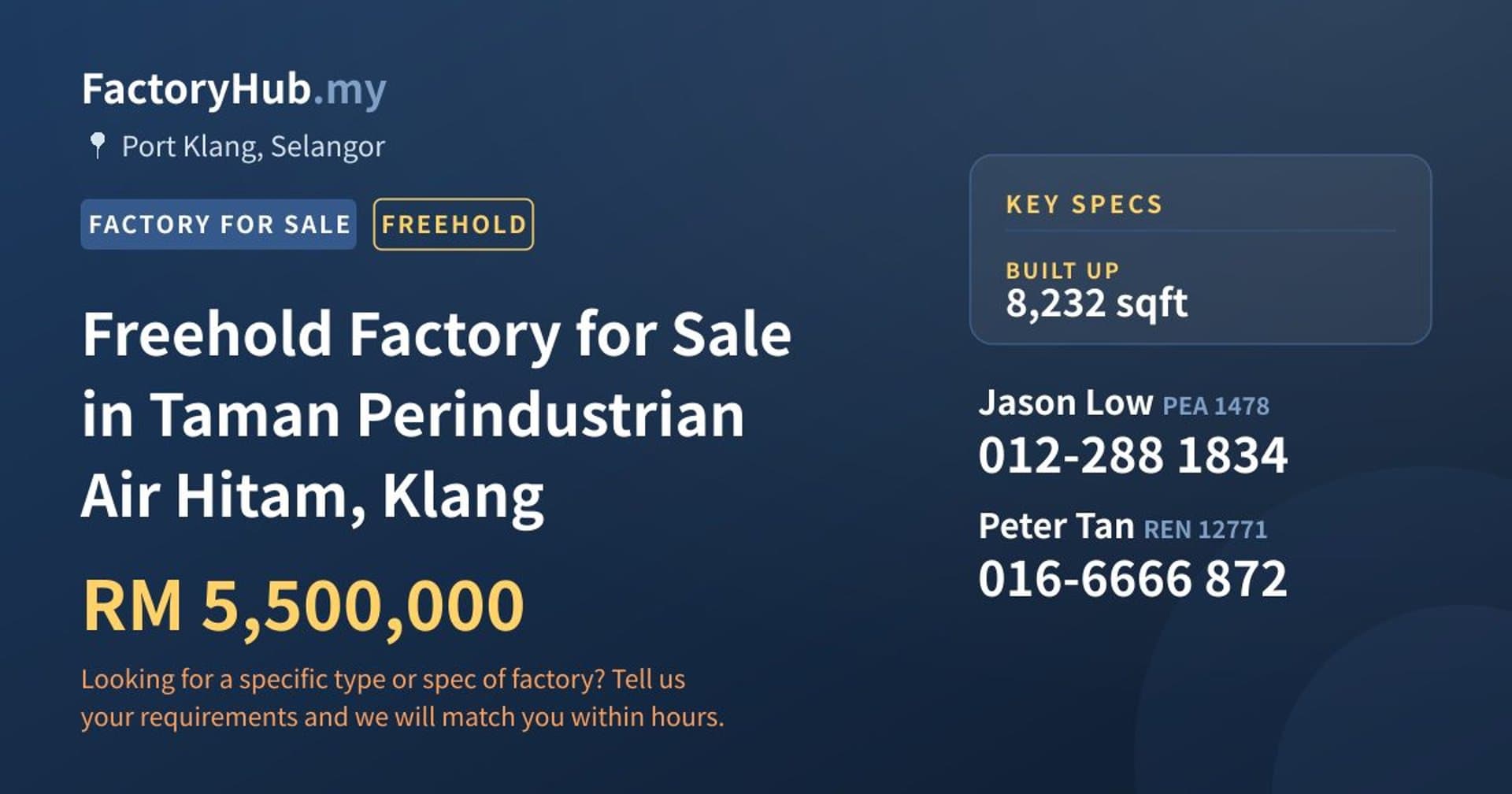Freehold Factory for Sale in Taman Perindustrian Air Hitam, Klang - Property image 1 of 2