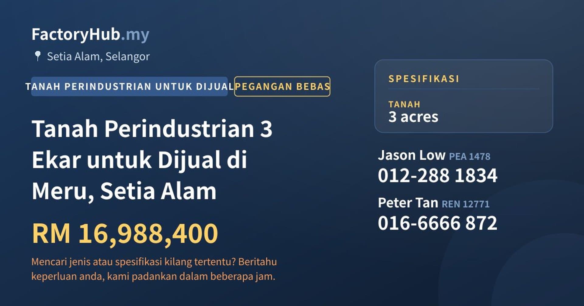 Tanah Perindustrian 3 Ekar untuk Dijual di Meru, Setia Alam · Imej hartanah 1/2
