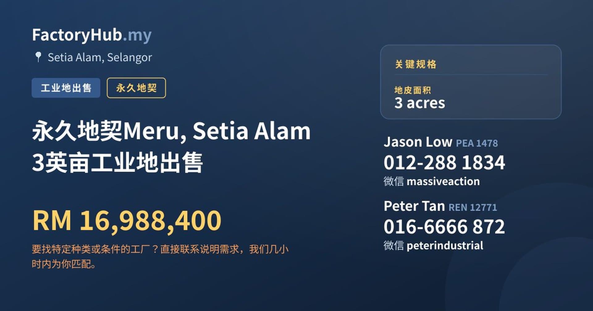 永久地契Meru, Setia Alam 3英亩工业地出售 · 房源图片 1/2