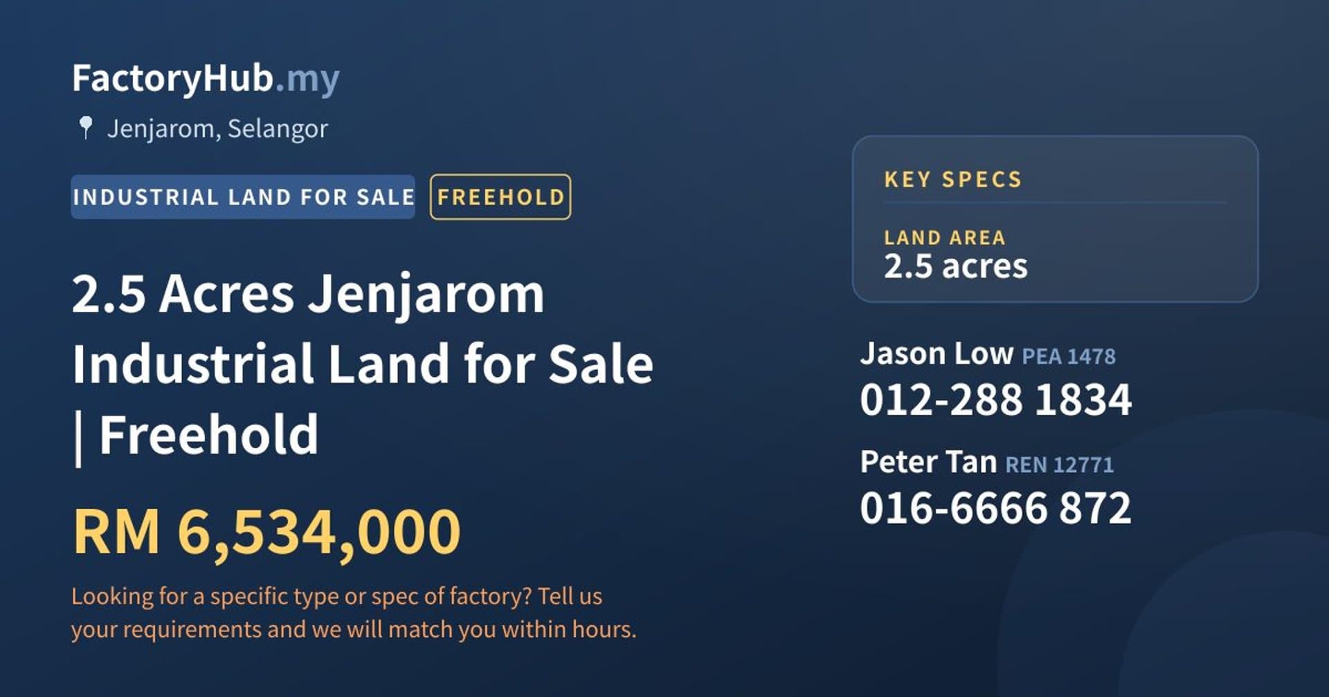 2.5 Acres Jenjarom Industrial Land for Sale | Freehold - Property image 1 of 2