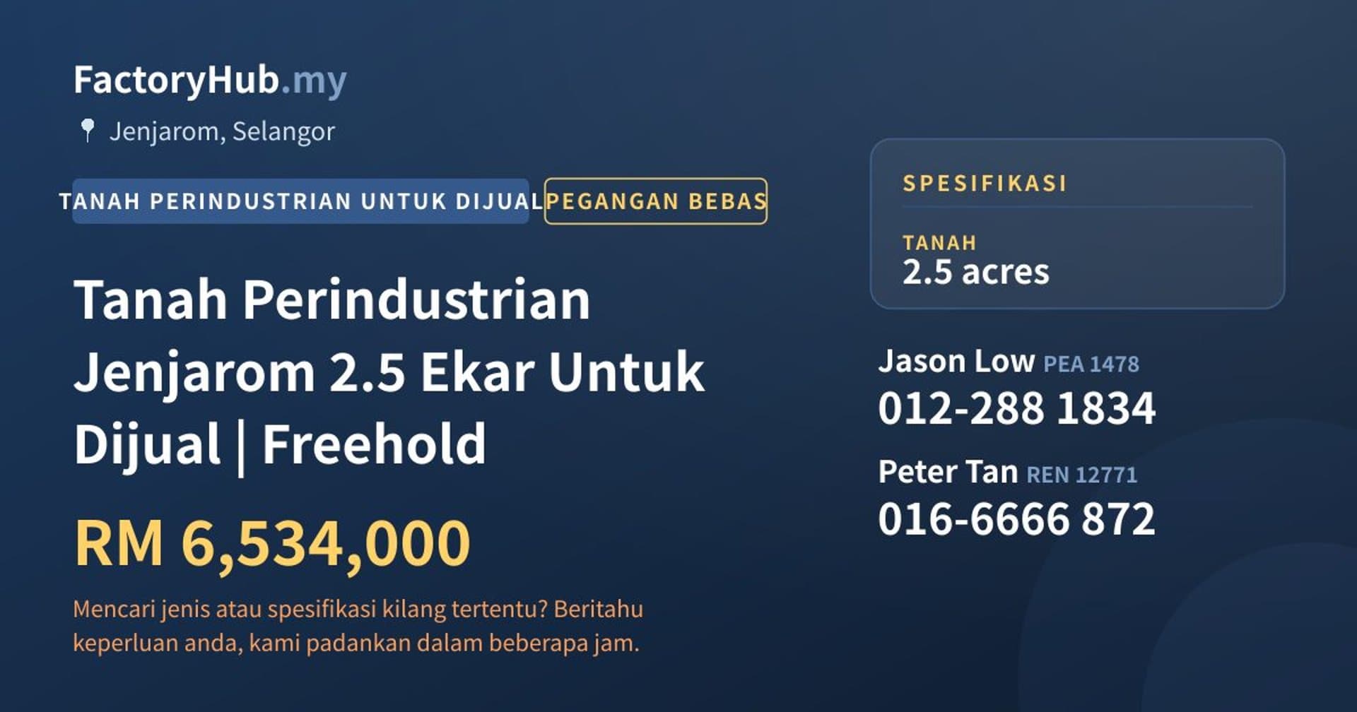 Tanah Perindustrian Jenjarom 2.5 Ekar Untuk Dijual | Freehold · Imej hartanah 1/2