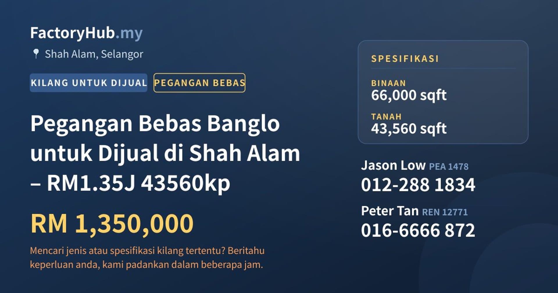 Pegangan Bebas Banglo untuk Dijual di Shah Alam – RM1.35J 43560kp · Imej hartanah 1/8