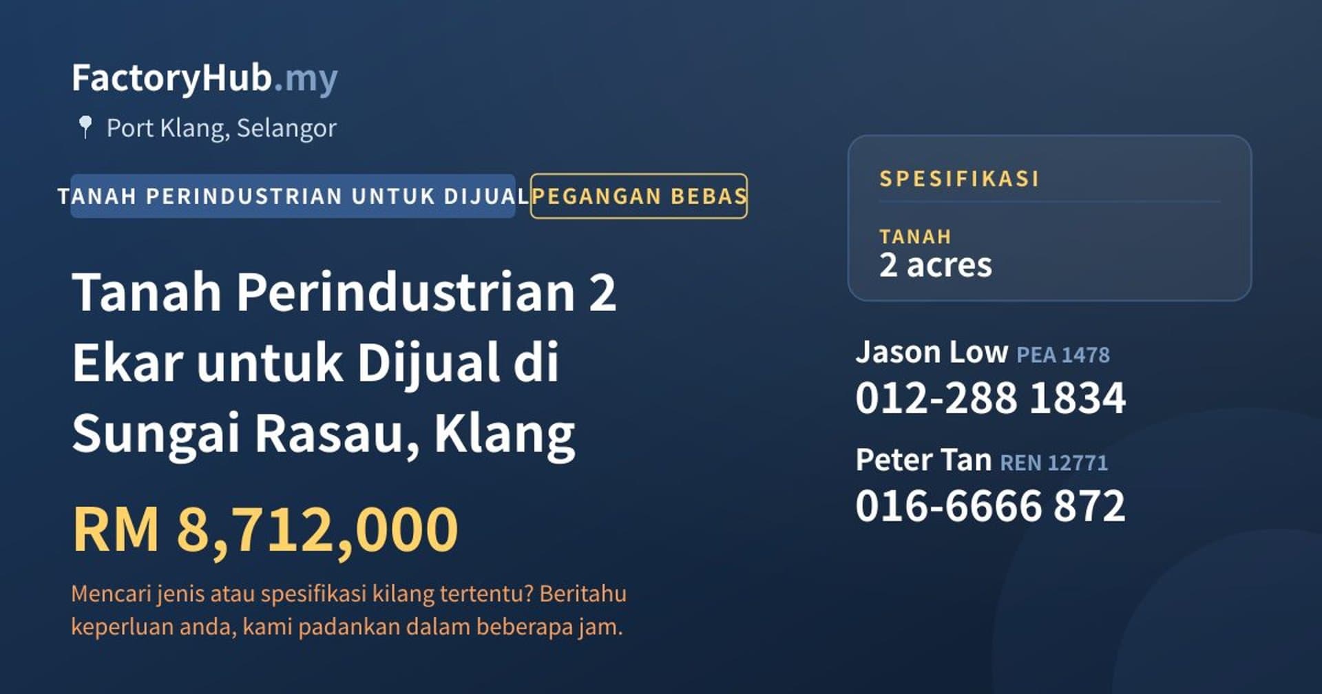 Tanah Perindustrian 2 Ekar untuk Dijual di Sungai Rasau, Klang · Imej hartanah 1/2