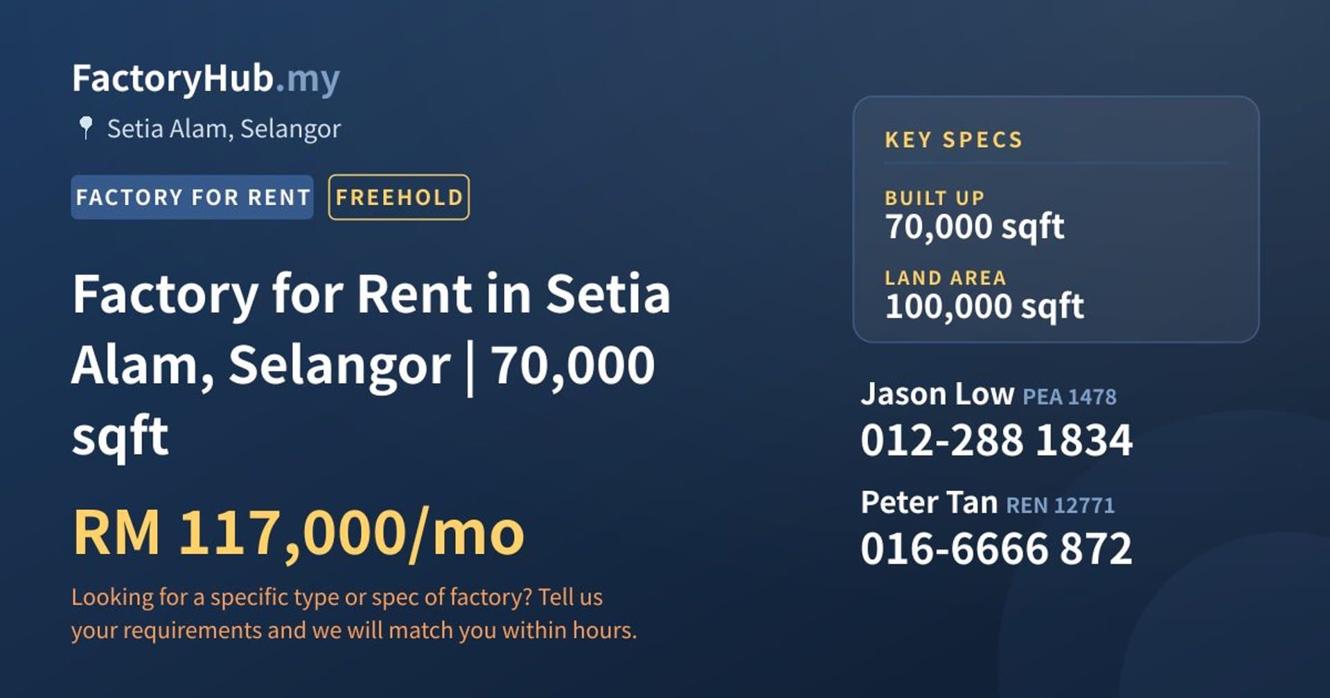 Factory for Rent in Setia Alam, Selangor | 70,000 sqft - Property image 1 of 2