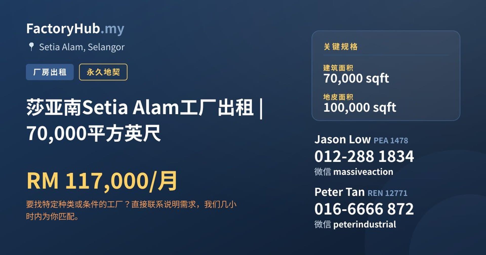 莎亚南Setia Alam工厂出租 | 70,000平方英尺 · 房源图片 1/2