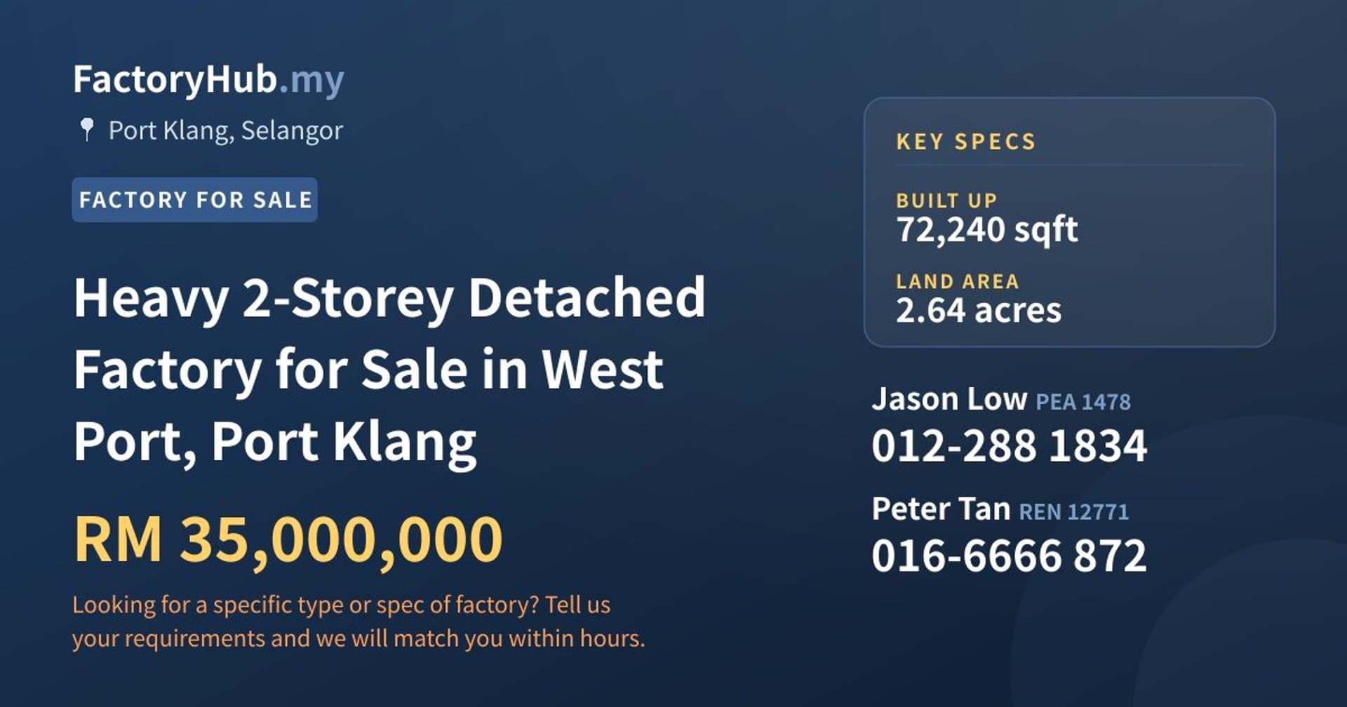 Heavy 2-Storey Detached Factory for Sale in West Port, Port Klang - Property image 1 of 2