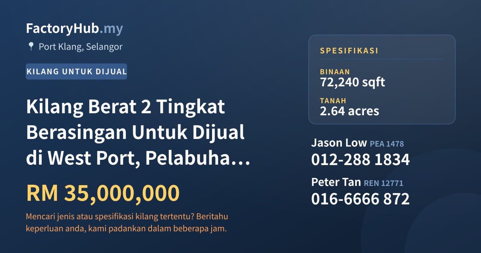 Kilang Berat 2 Tingkat Berasingan Untuk Dijual di West Port, Pelabuhan Klang · Imej hartanah 1/2