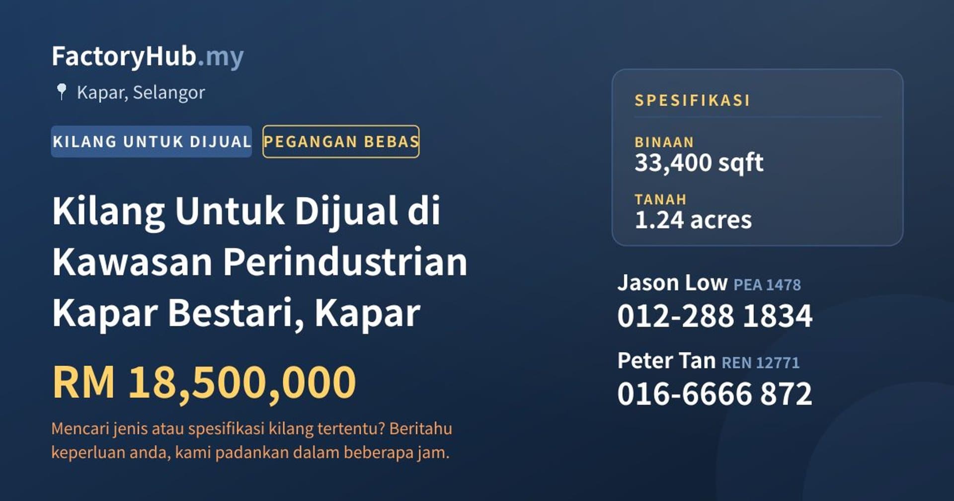Kilang Untuk Dijual di Kawasan Perindustrian Kapar Bestari, Kapar · Imej hartanah 1/2