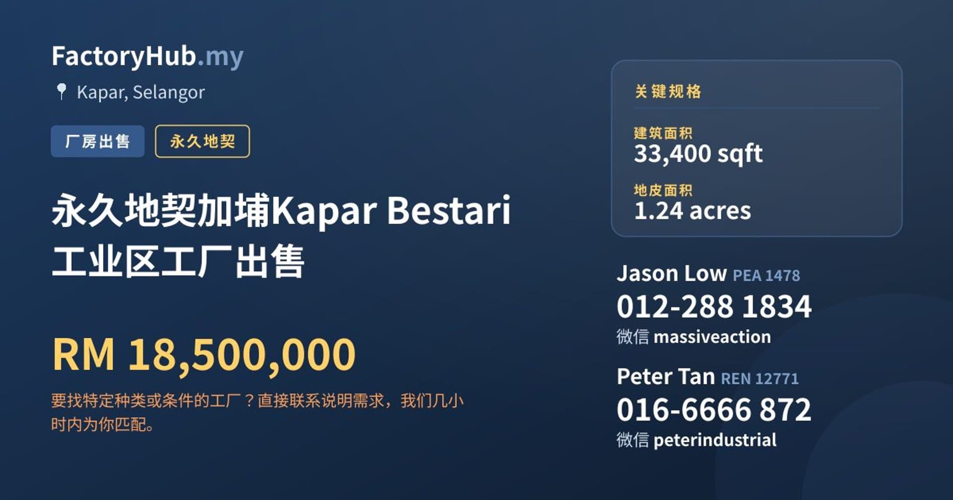 永久地契加埔Kapar Bestari工业区工厂出售 · 房源图片 1/2