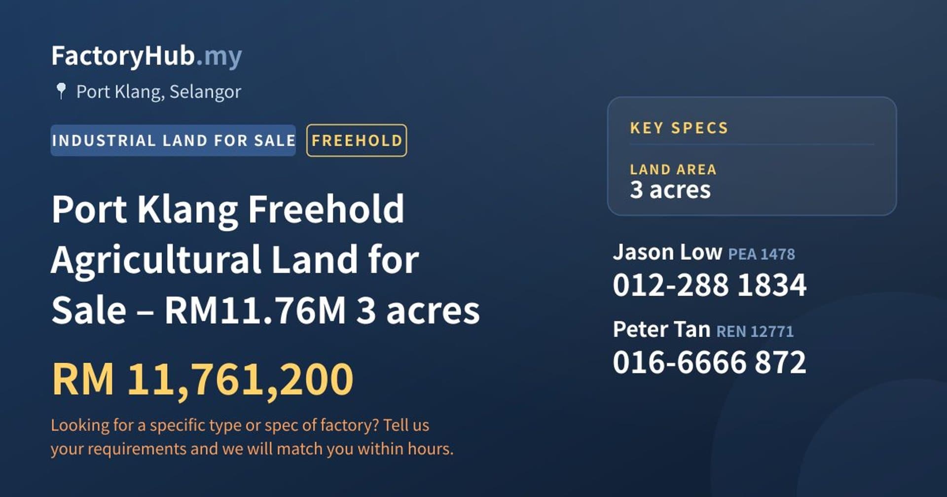 Port Klang Freehold Agricultural Land for Sale – RM11.76M 3 acres - Property image 1 of 3