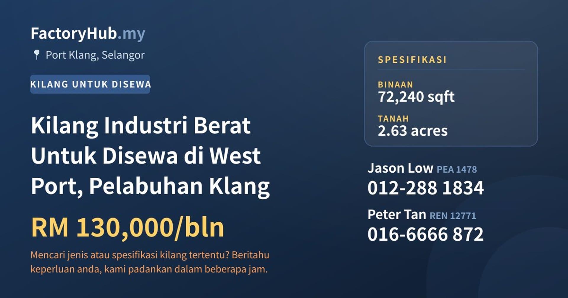 Kilang Industri Berat Untuk Disewa di West Port, Pelabuhan Klang · Imej hartanah 1/2