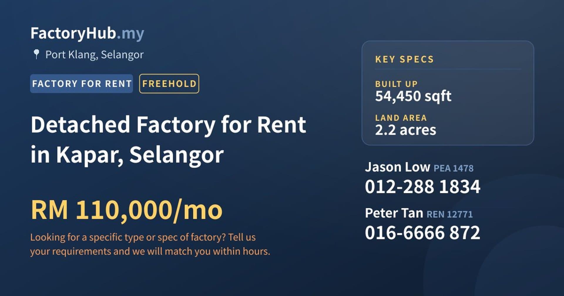 Detached Factory for Rent in Kapar, Selangor - Property image 1 of 2