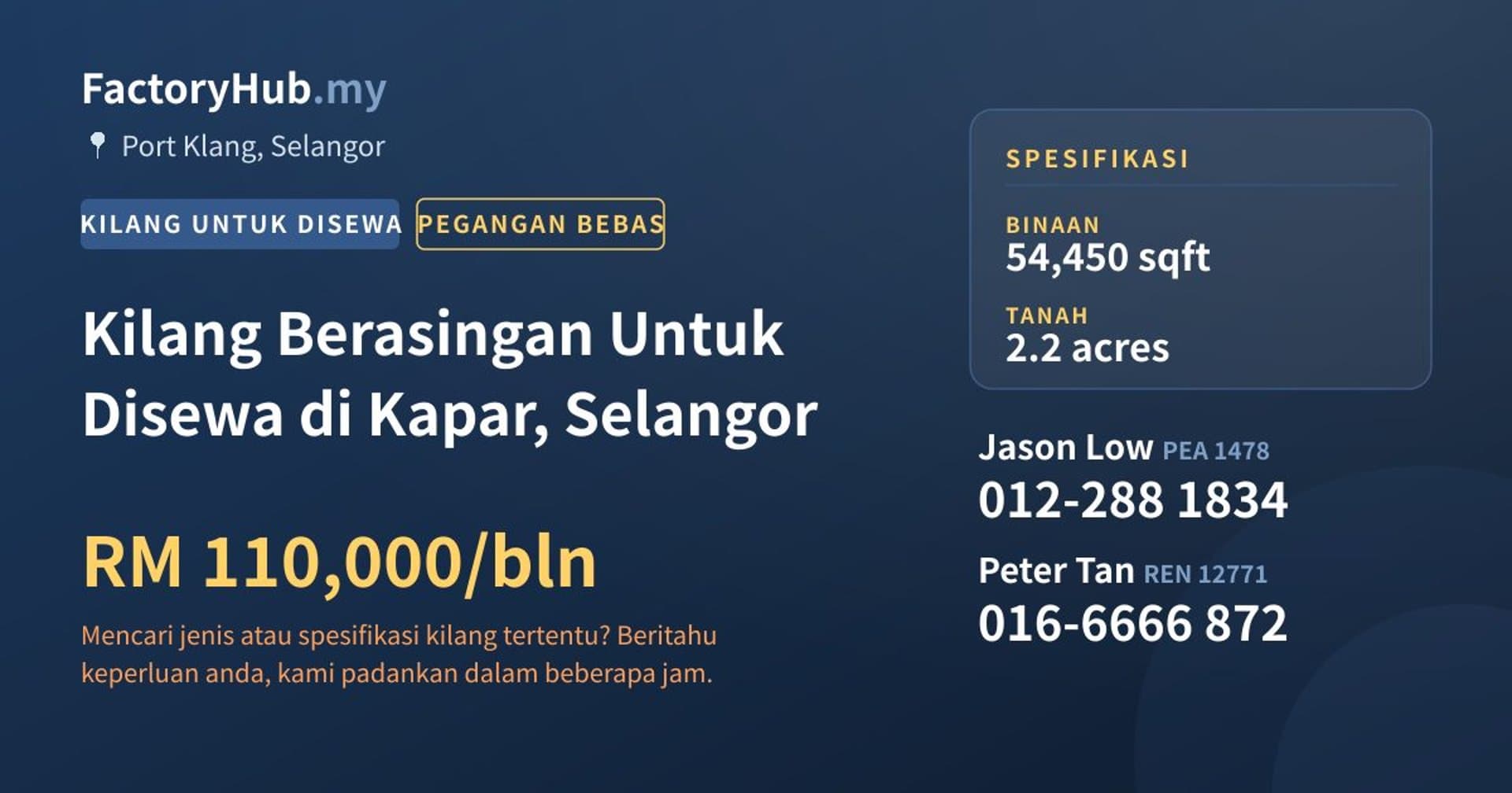 Kilang Berasingan Untuk Disewa di Kapar, Selangor · Imej hartanah 1/2