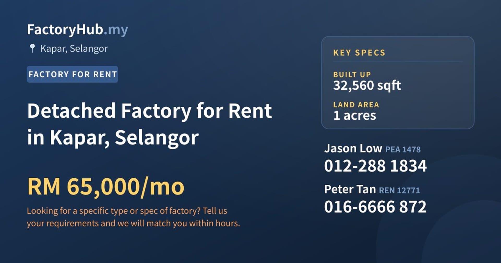 Detached Factory for Rent in Kapar, Selangor - Property image 1 of 2
