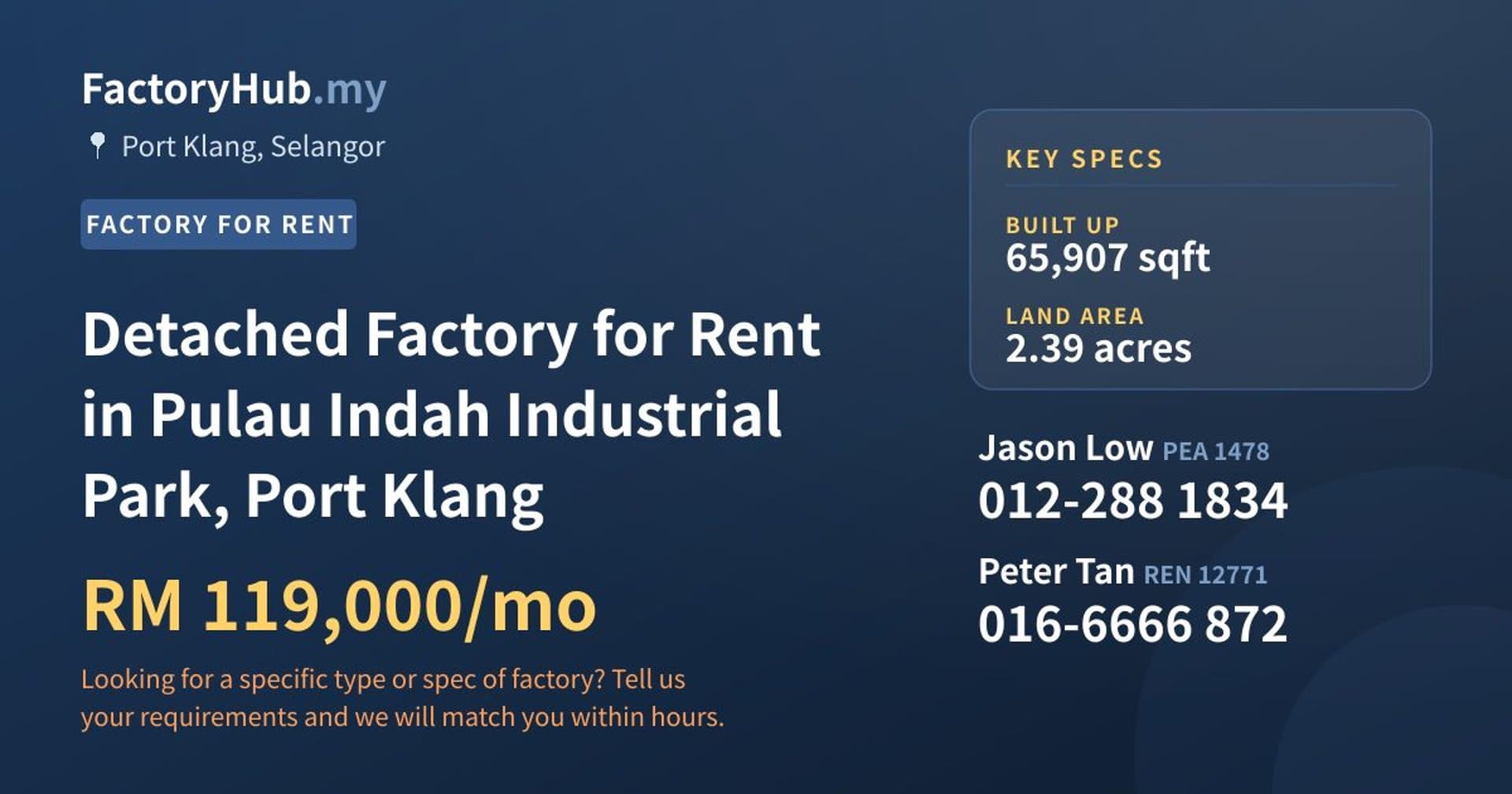 Detached Factory for Rent in Pulau Indah Industrial Park, Port Klang - Property image 1 of 2