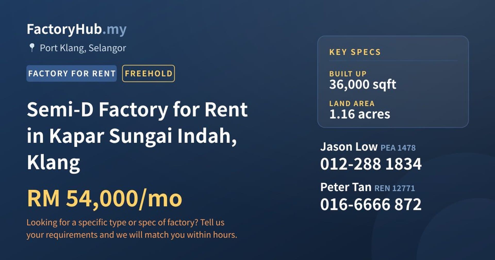 Semi-D Factory for Rent in Kapar Sungai Indah, Klang - Property image 1 of 2