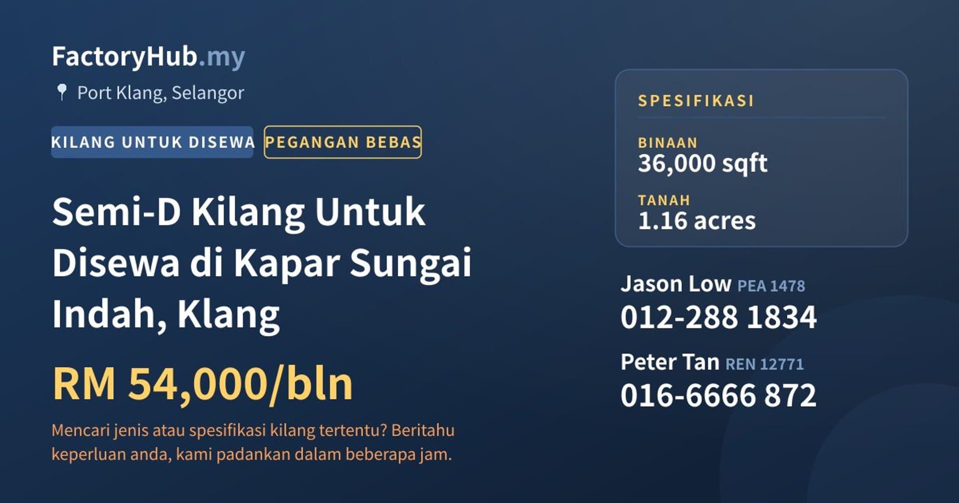Semi-D Kilang Untuk Disewa di Kapar Sungai Indah, Klang · Imej hartanah 1/2