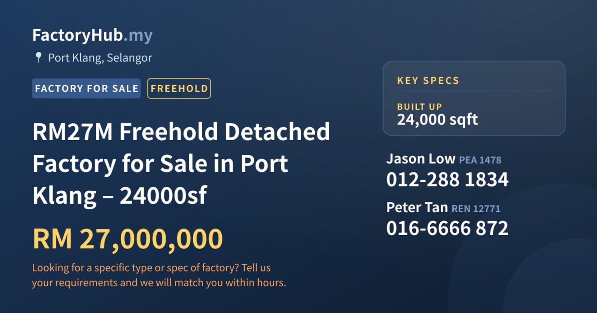 RM27M Freehold Detached Factory for Sale in Port Klang – 24000sf - Property image 1 of 5