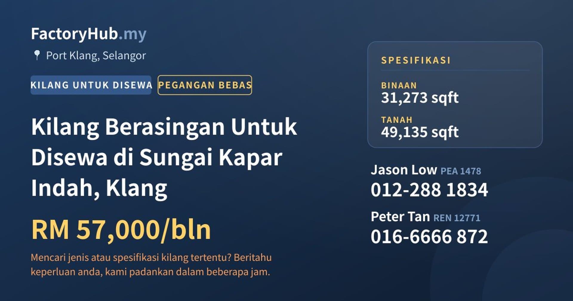 Kilang Berasingan Untuk Disewa di Sungai Kapar Indah, Klang · Imej hartanah 1/2