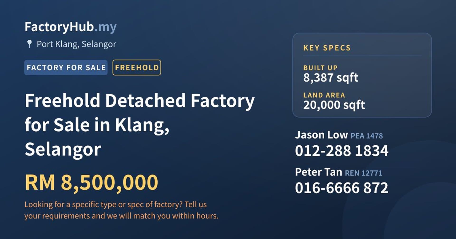 Freehold Detached Factory for Sale in Klang, Selangor - Property image 1 of 2