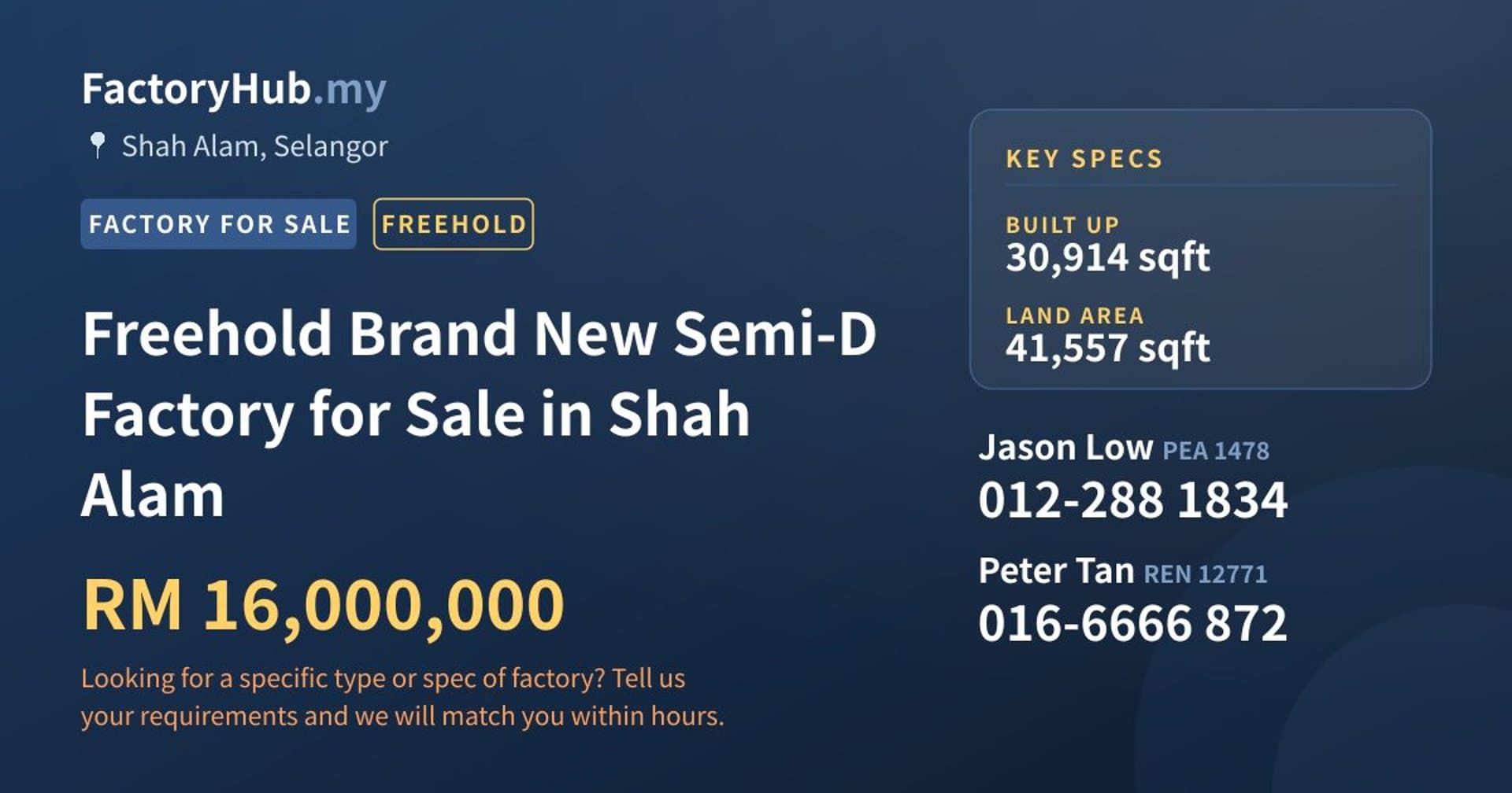 Freehold Brand New Semi-D Factory for Sale in Shah Alam - Property image 1 of 2