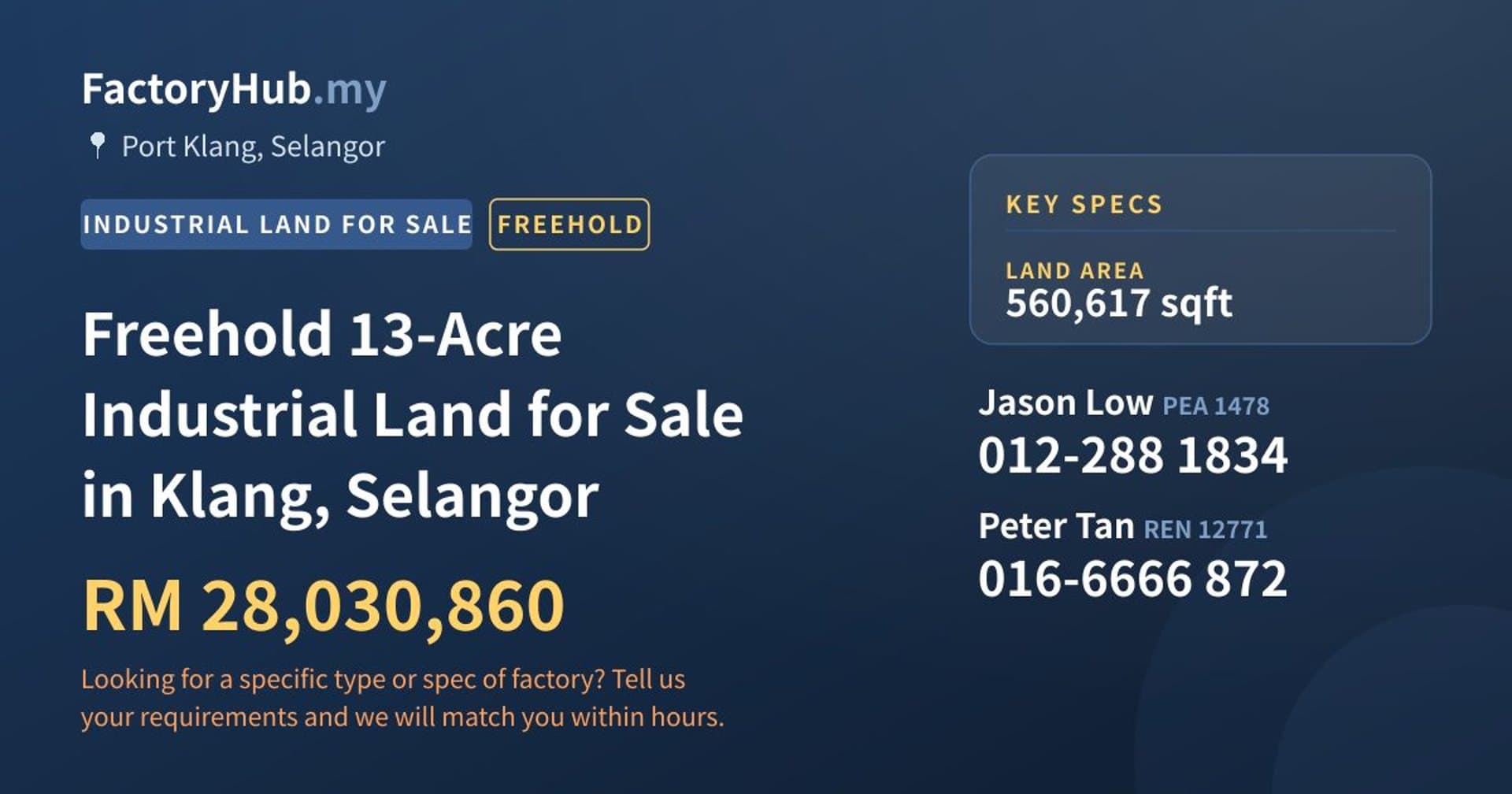 Freehold 13-Acre Industrial Land for Sale in Klang, Selangor - Property image 1 of 2