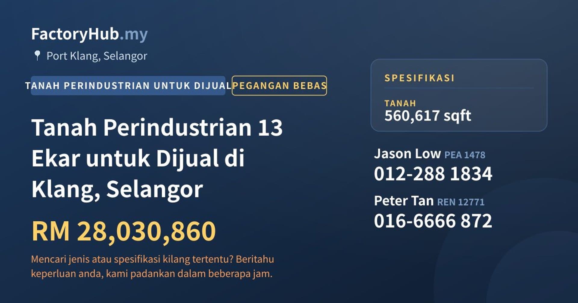 Tanah Perindustrian 13 Ekar untuk Dijual di Klang, Selangor · Imej hartanah 1/2
