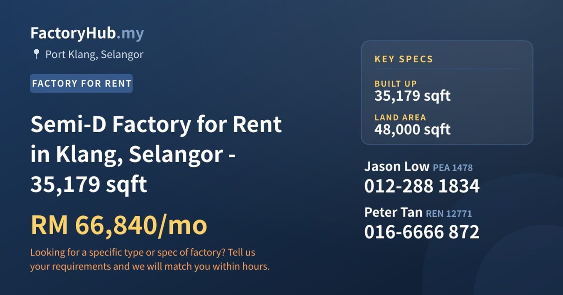 Semi-D Factory for Rent in Klang, Selangor - 35,179 sqft - Property image 1 of 2